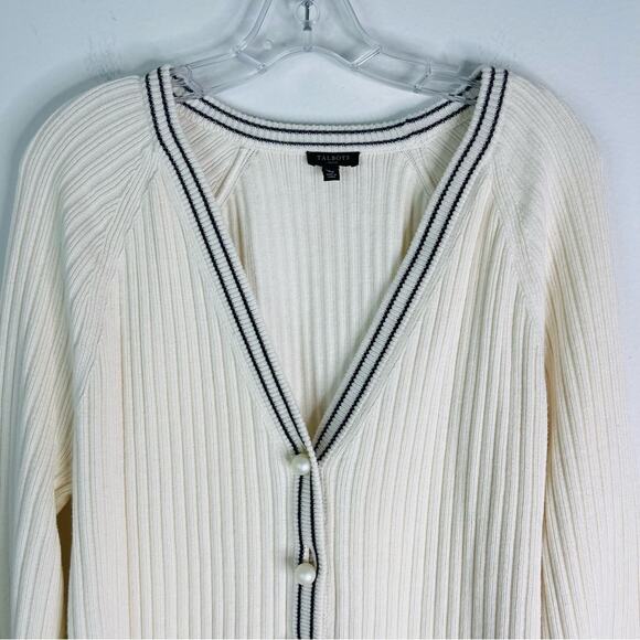 Talbots cream blue ribbed preppy pearl academia cardigan sweater LP - Picture 2 of 7